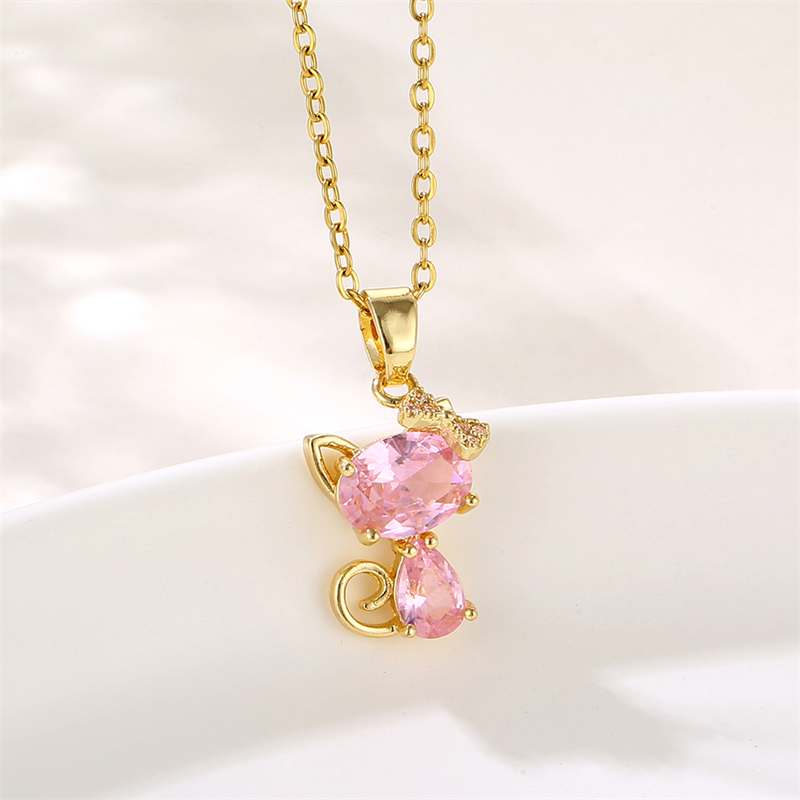 Stainless Steel 18K Gold Plated Sweet Plating Inlay Cat Artificial Diamond Pendant Necklace display picture 6