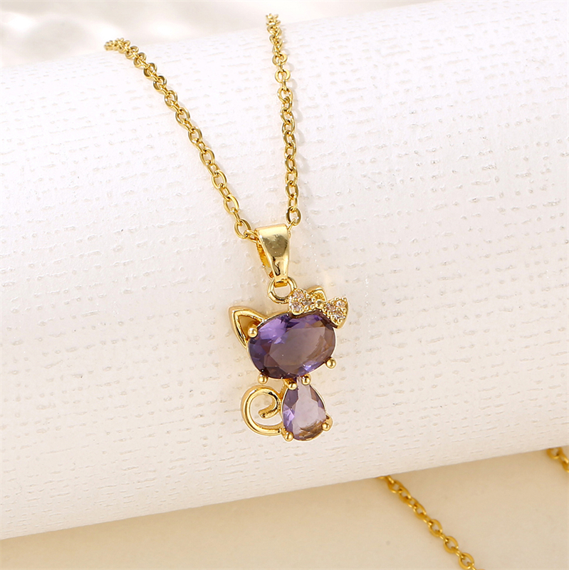 Stainless Steel 18K Gold Plated Sweet Plating Inlay Cat Artificial Diamond Pendant Necklace display picture 2