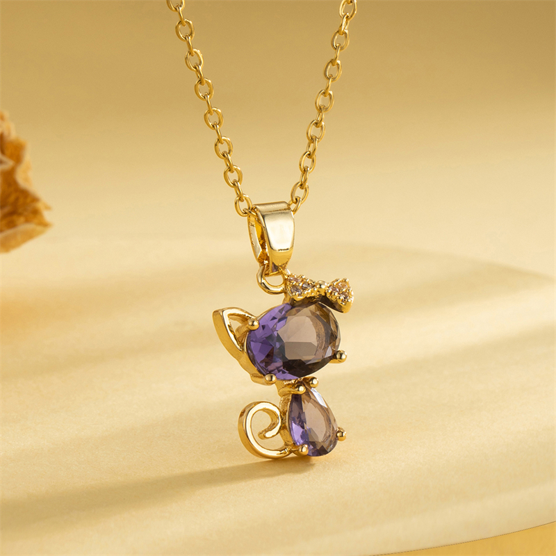 Stainless Steel 18K Gold Plated Sweet Plating Inlay Cat Artificial Diamond Pendant Necklace display picture 5