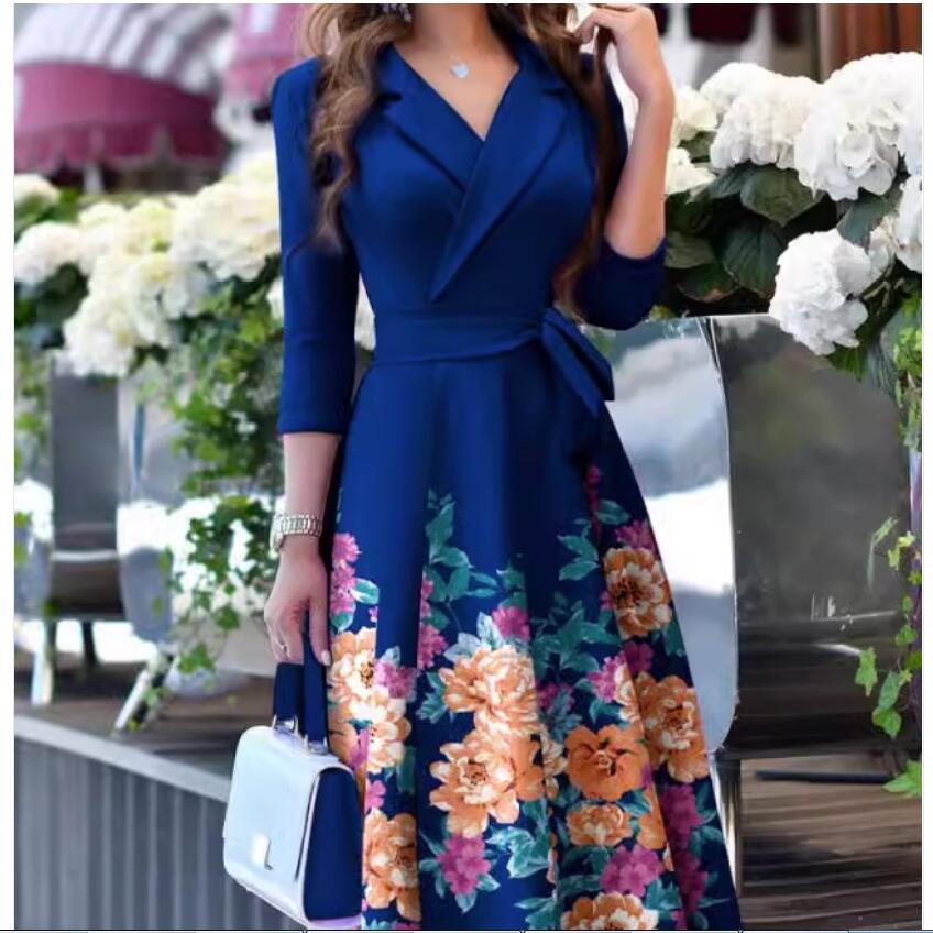 Women's Regular Dress Casual Elegant V Neck Printing Belt 3/4 Length Sleeve Solid Color Flower Midi Dress Weekend Daily display picture 3