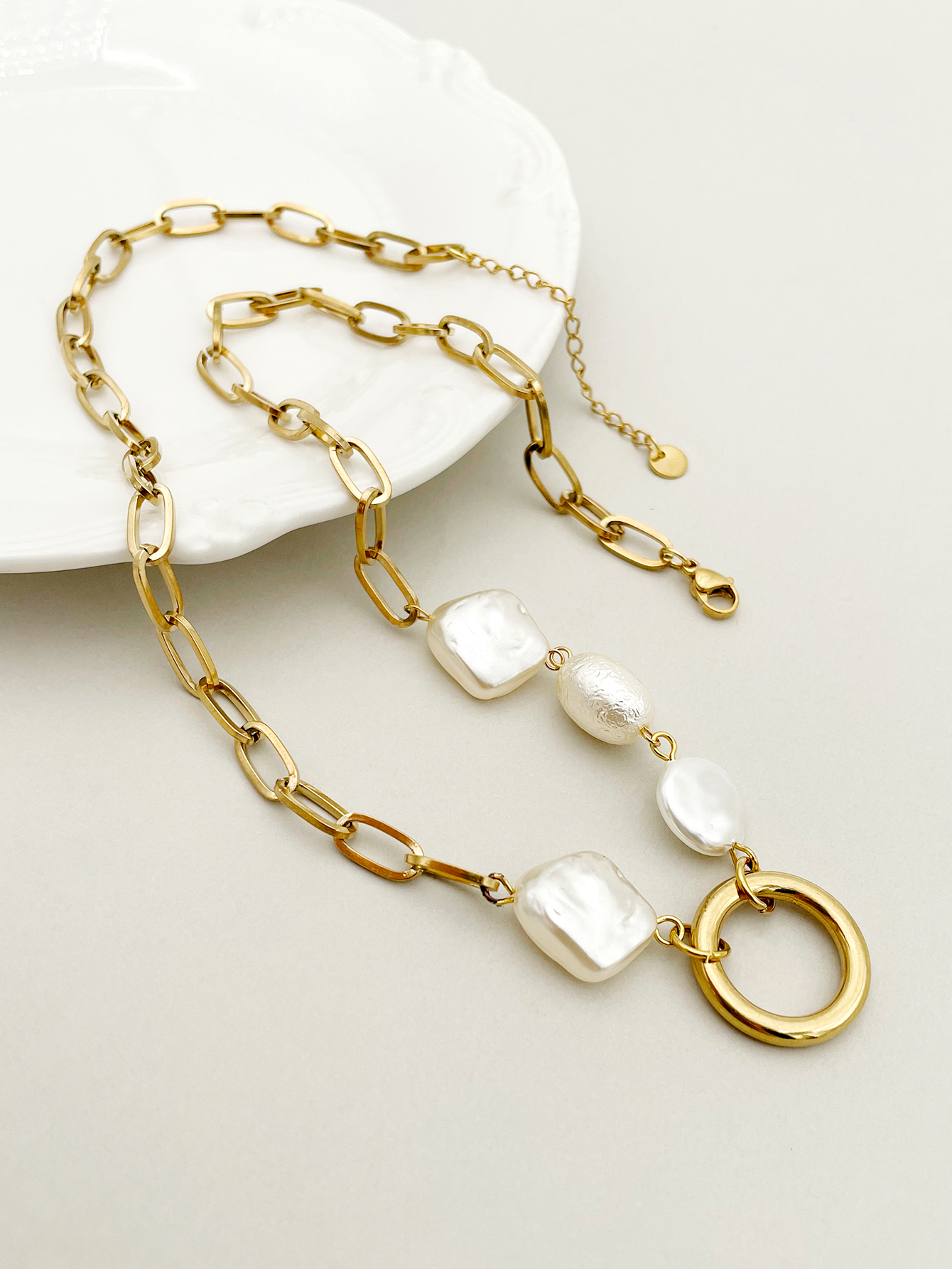 Acier Inoxydable 304 Plaqué Or 14K Style Simple Artistique Placage Cercle Carré Perle Coquille Collier display picture 2