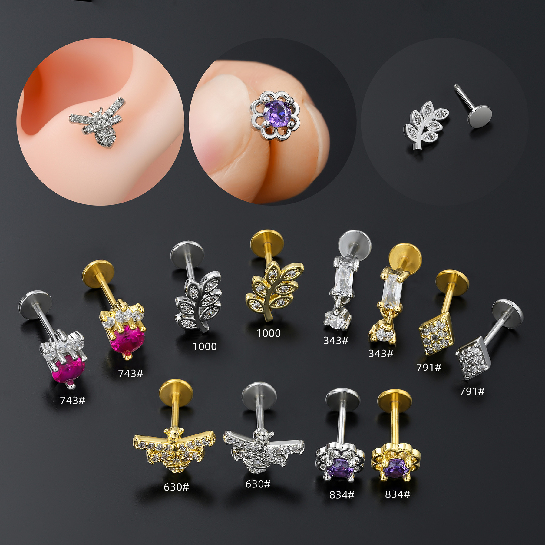 Casual Simple Style Leaf Flower Bee Brass Plating Inlay Zircon 18k Gold Plated Lip Stud display picture 1