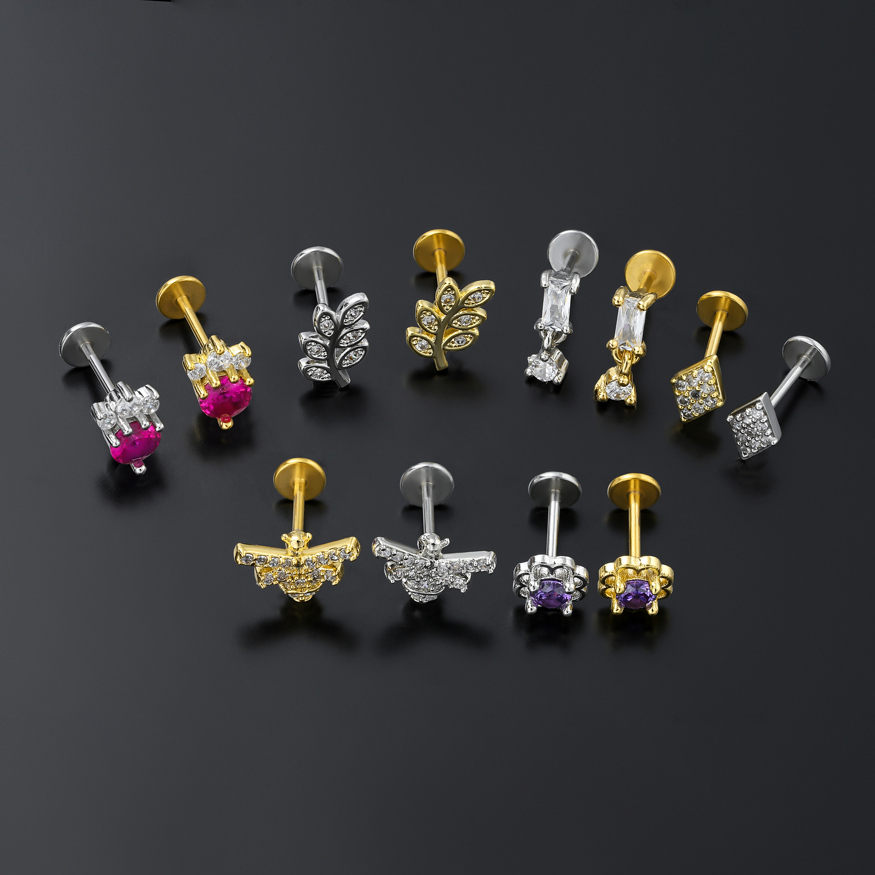 Casual Simple Style Leaf Flower Bee Brass Plating Inlay Zircon 18k Gold Plated Lip Stud display picture 4