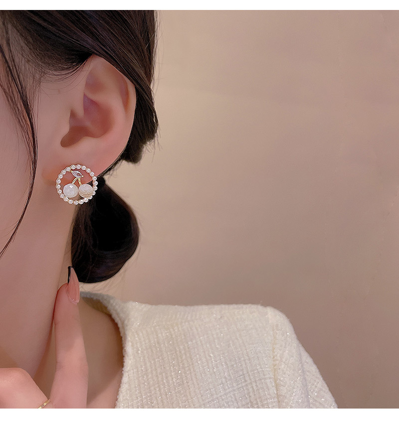 1 Paire Sucré Style Coréen Cerise Placage Évider Incruster Alliage Strass Perle Plaqué Or Boucles D'oreilles display picture 1