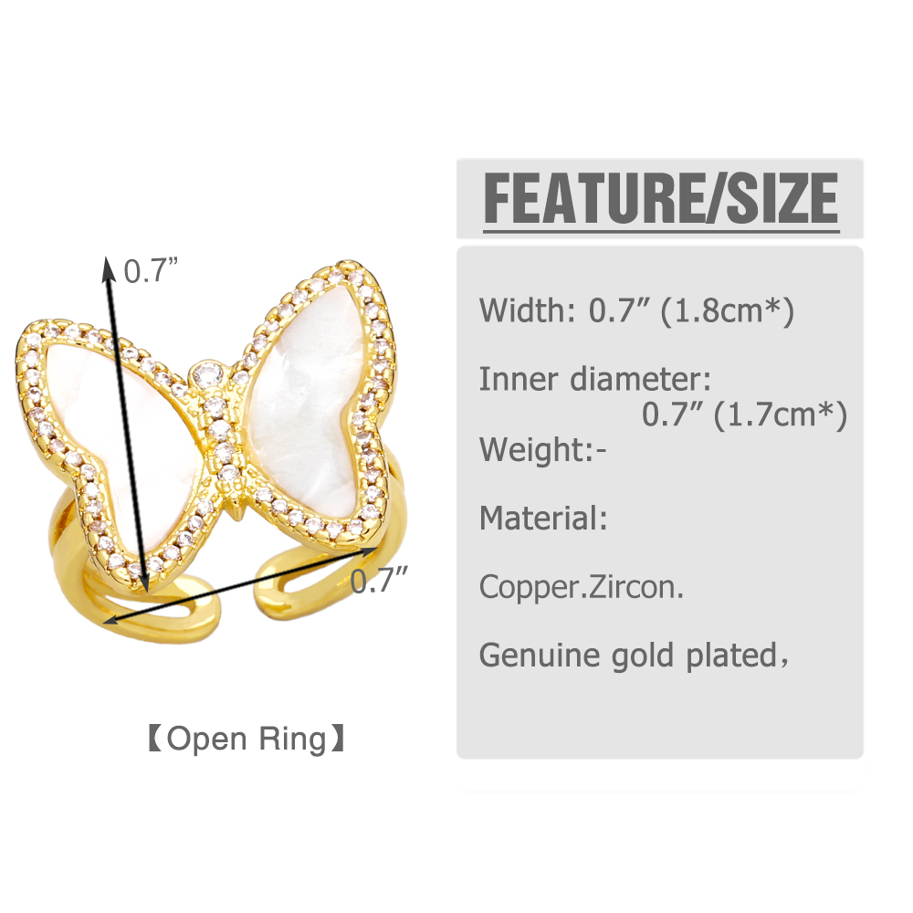 Simple Style Shiny Butterfly Copper Plating Inlay Shell Zircon 18k Gold Plated Open Rings display picture 1