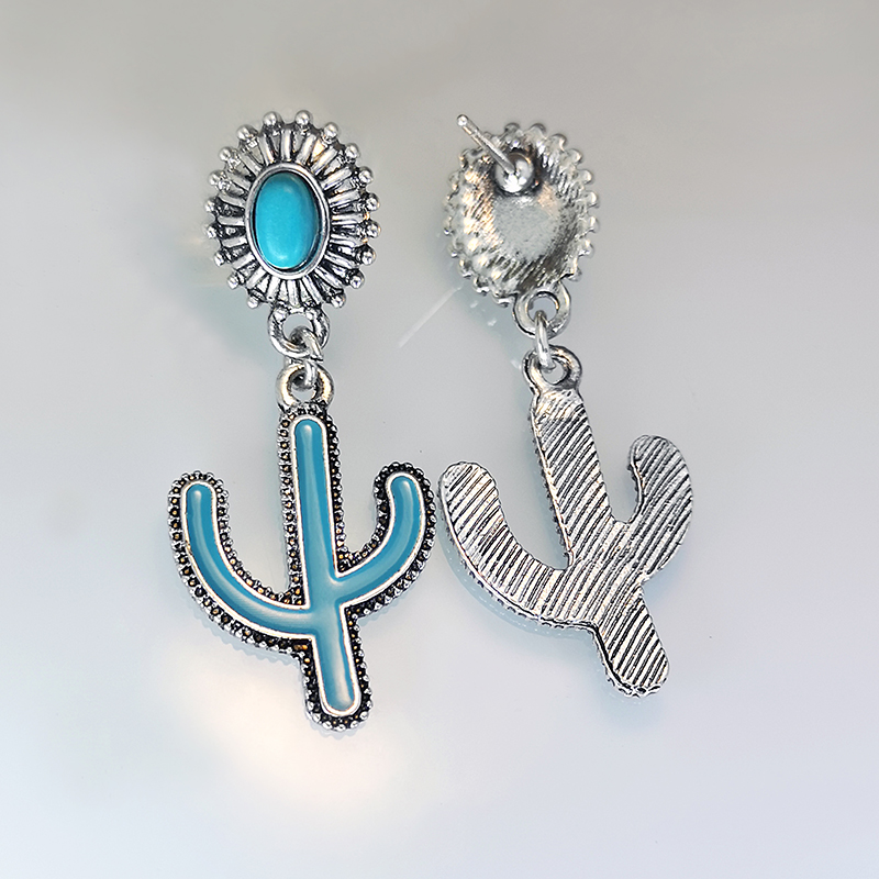 1 Pair Vintage Style Ethnic Style Bohemian Cactus Enamel Plating Inlay Metal Turquoise Silver Plated Drop Earrings display picture 3
