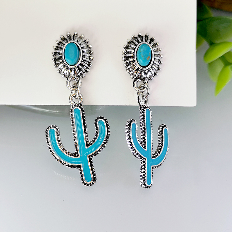 1 Pair Vintage Style Ethnic Style Bohemian Cactus Enamel Plating Inlay Metal Turquoise Silver Plated Drop Earrings display picture 2