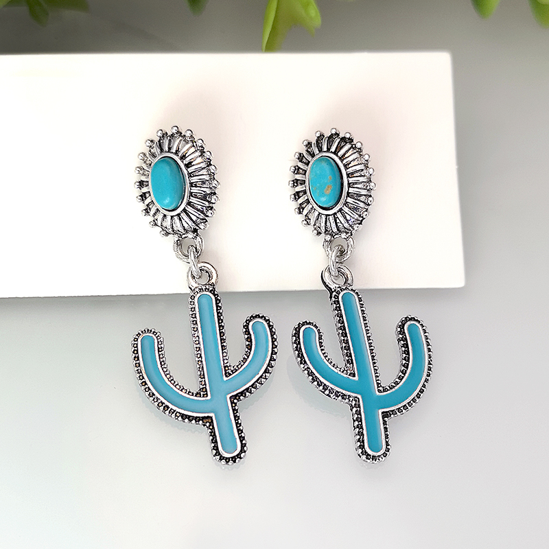 1 Pair Vintage Style Ethnic Style Bohemian Cactus Enamel Plating Inlay Metal Turquoise Silver Plated Drop Earrings display picture 4