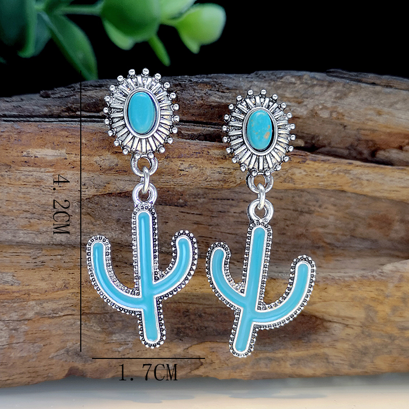 1 Pair Vintage Style Ethnic Style Bohemian Cactus Enamel Plating Inlay Metal Turquoise Silver Plated Drop Earrings display picture 7