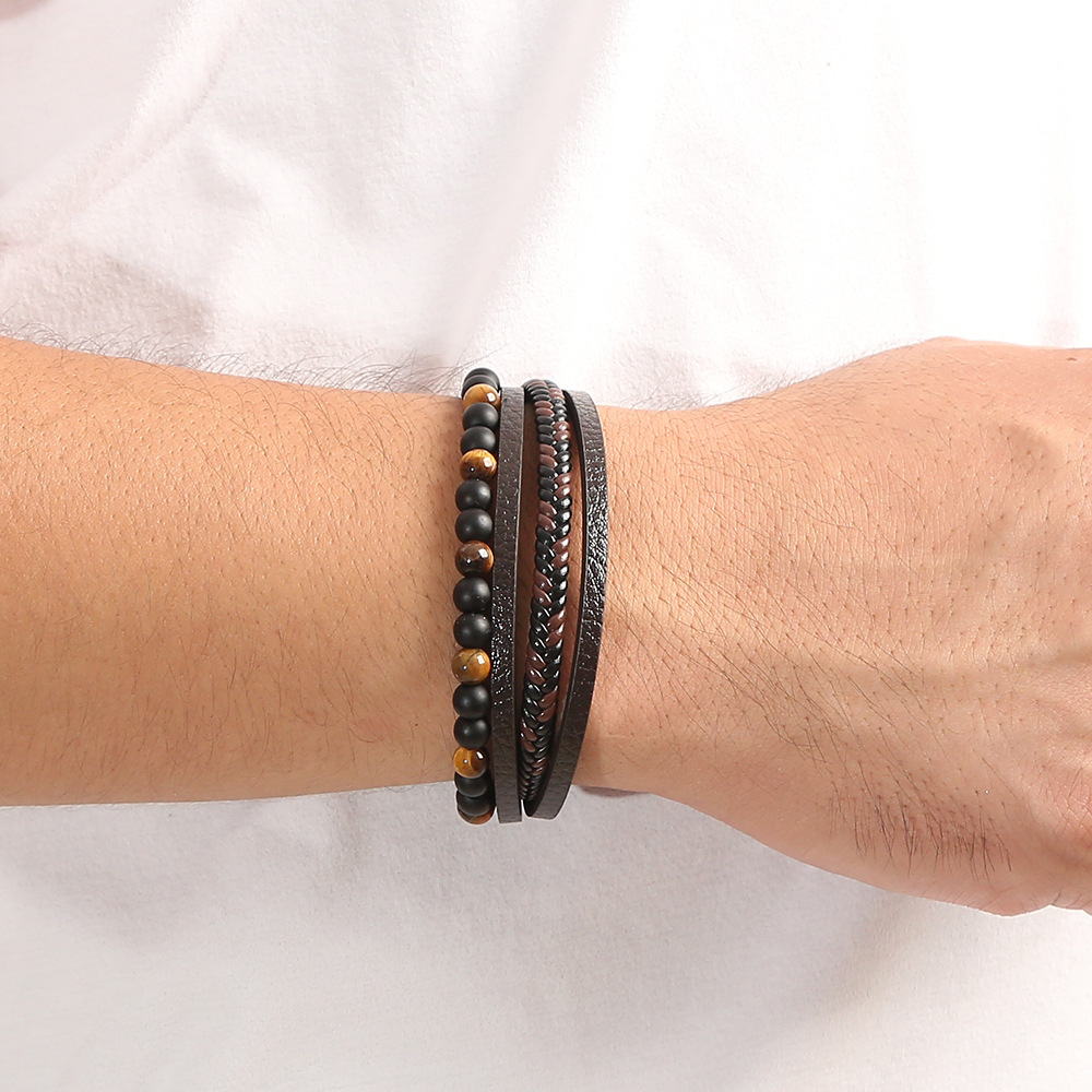 Casual Vacation Round Pu Leather Alloy Natural Stone Beaded Handmade Men's Bracelets display picture 6