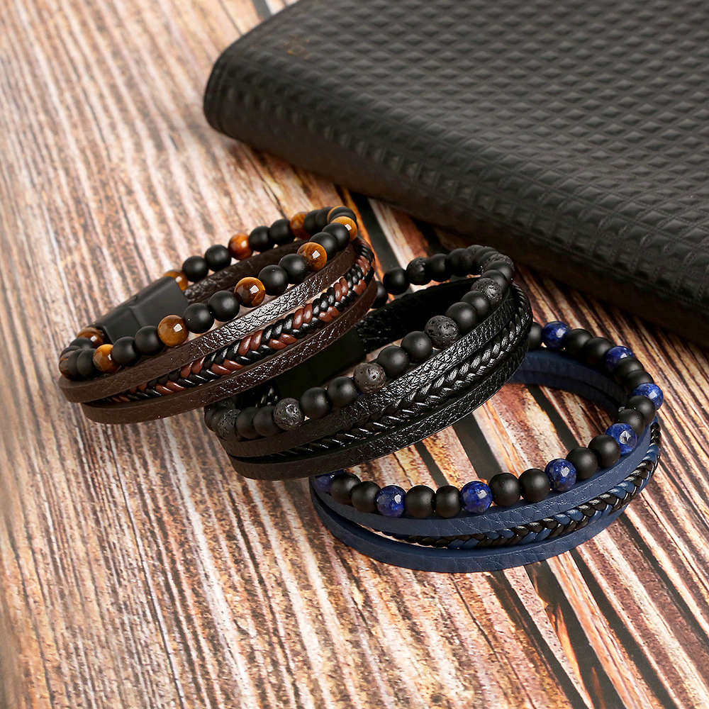 Casual Vacation Round Pu Leather Alloy Natural Stone Beaded Handmade Men's Bracelets display picture 3