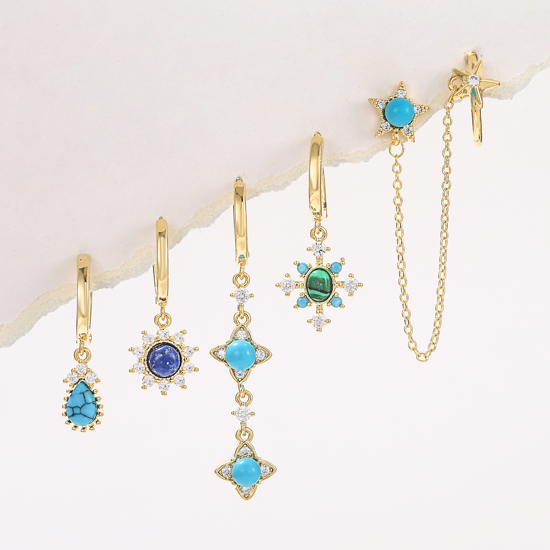 Casual Simple Style Pentagram Tassel Brass 18k Gold Plated Turquoise Zircon Earrings In Bulk display picture 1