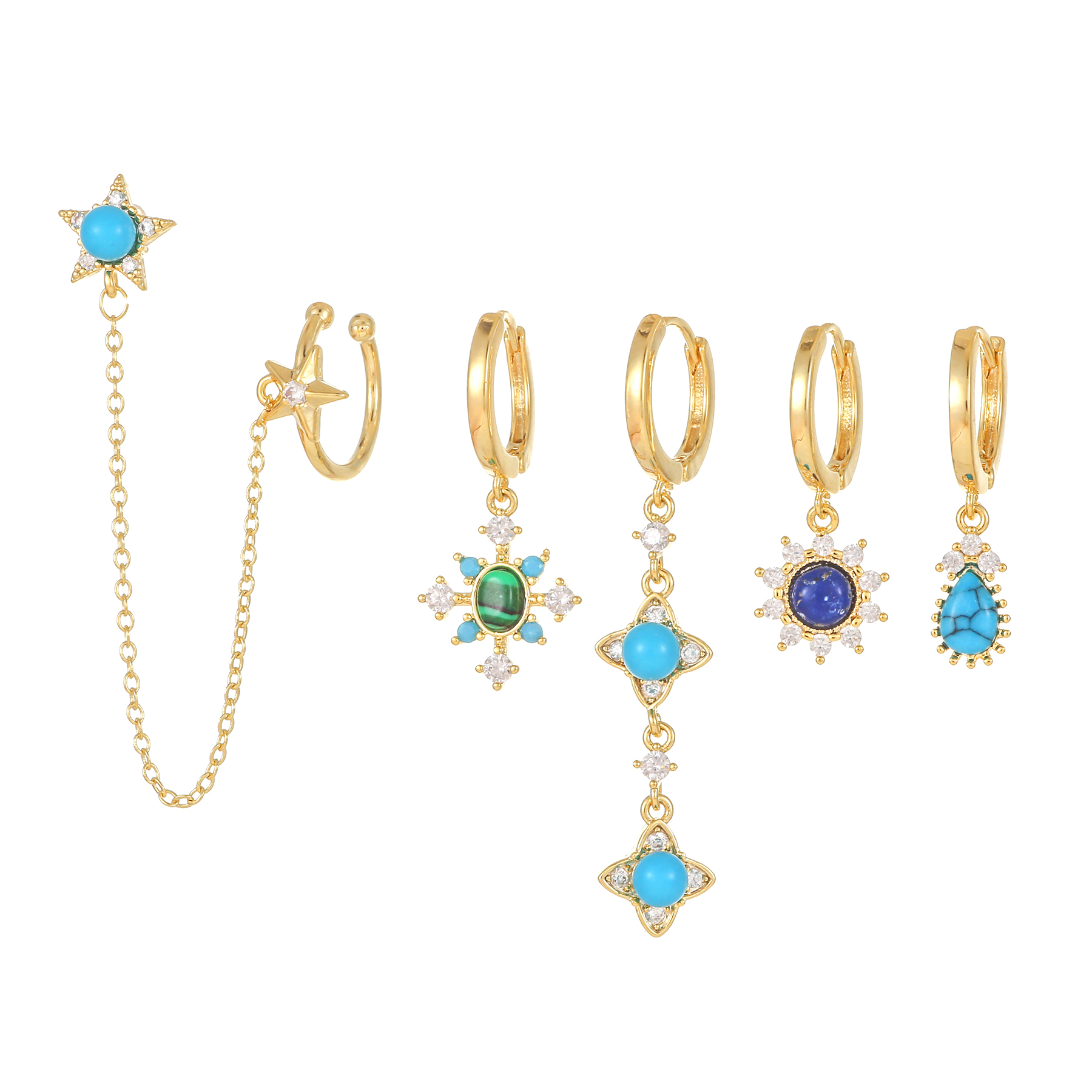 Casual Simple Style Pentagram Tassel Brass 18k Gold Plated Turquoise Zircon Earrings In Bulk display picture 5