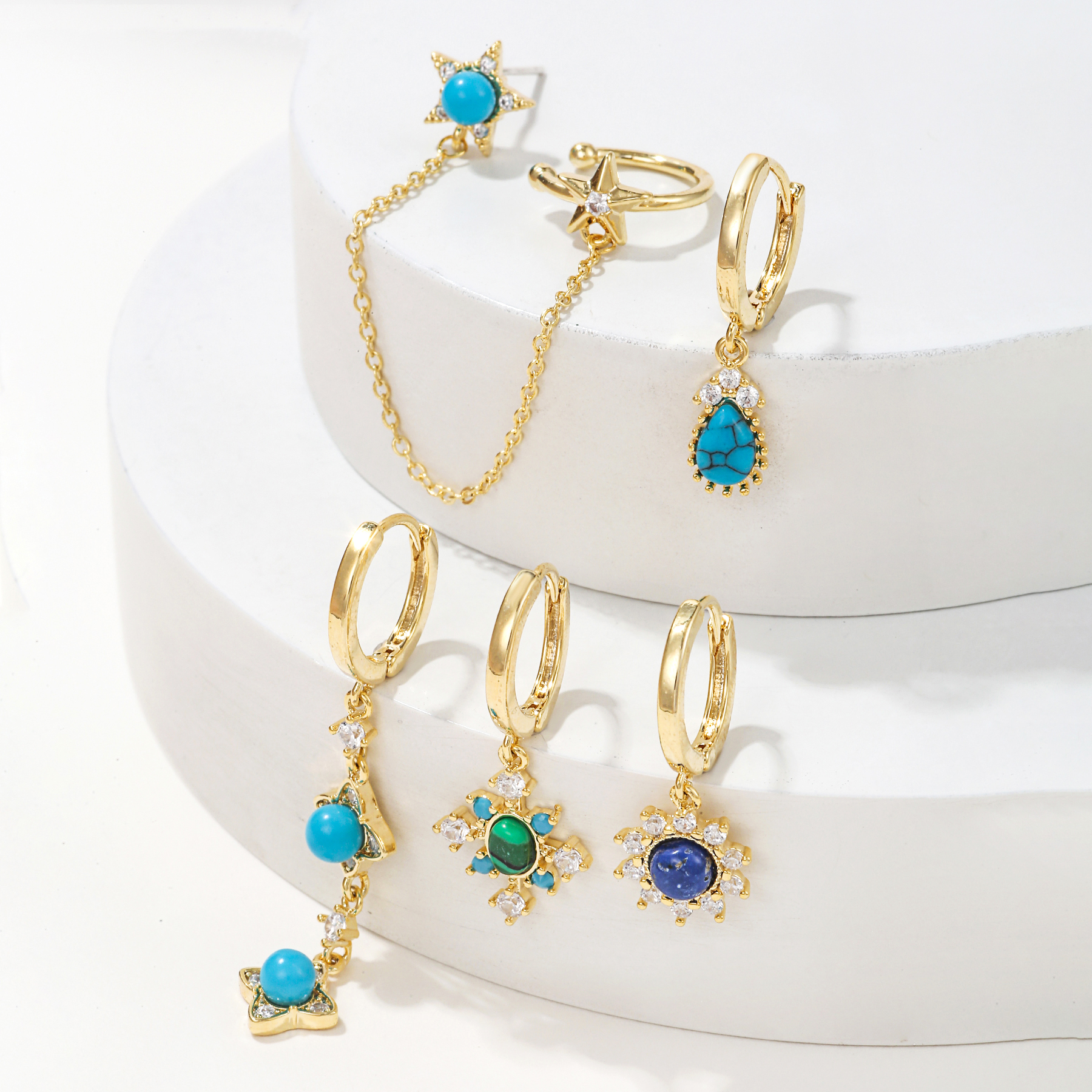 Casual Simple Style Pentagram Tassel Brass 18k Gold Plated Turquoise Zircon Earrings In Bulk display picture 2