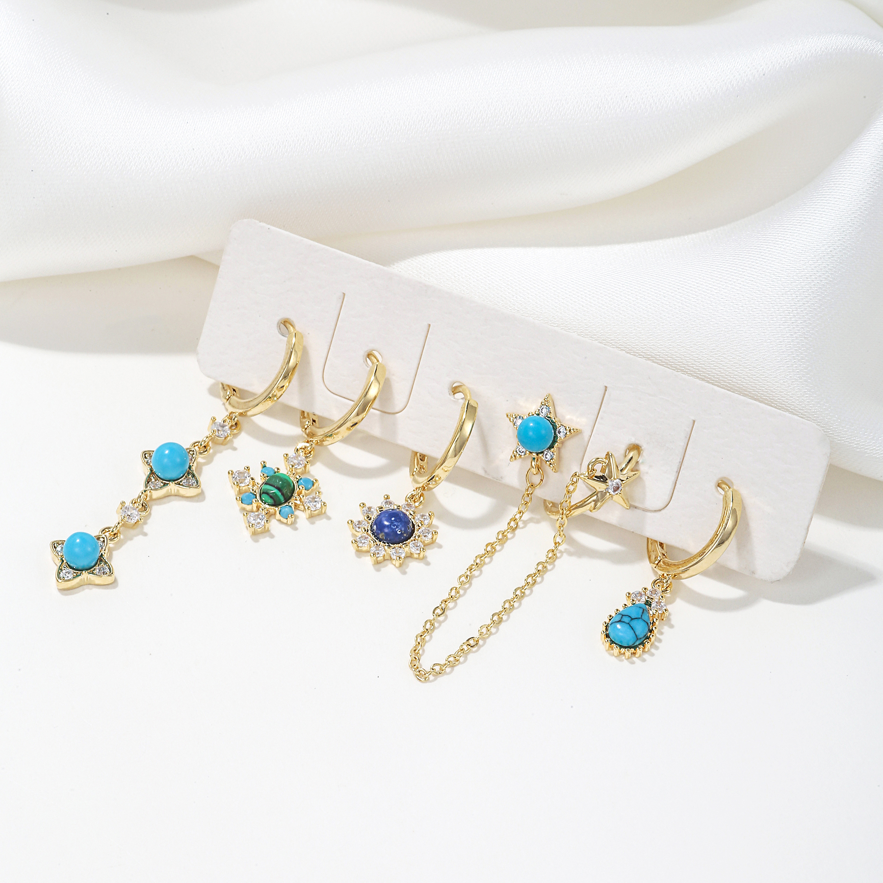 Casual Simple Style Pentagram Tassel Brass 18k Gold Plated Turquoise Zircon Earrings In Bulk display picture 3