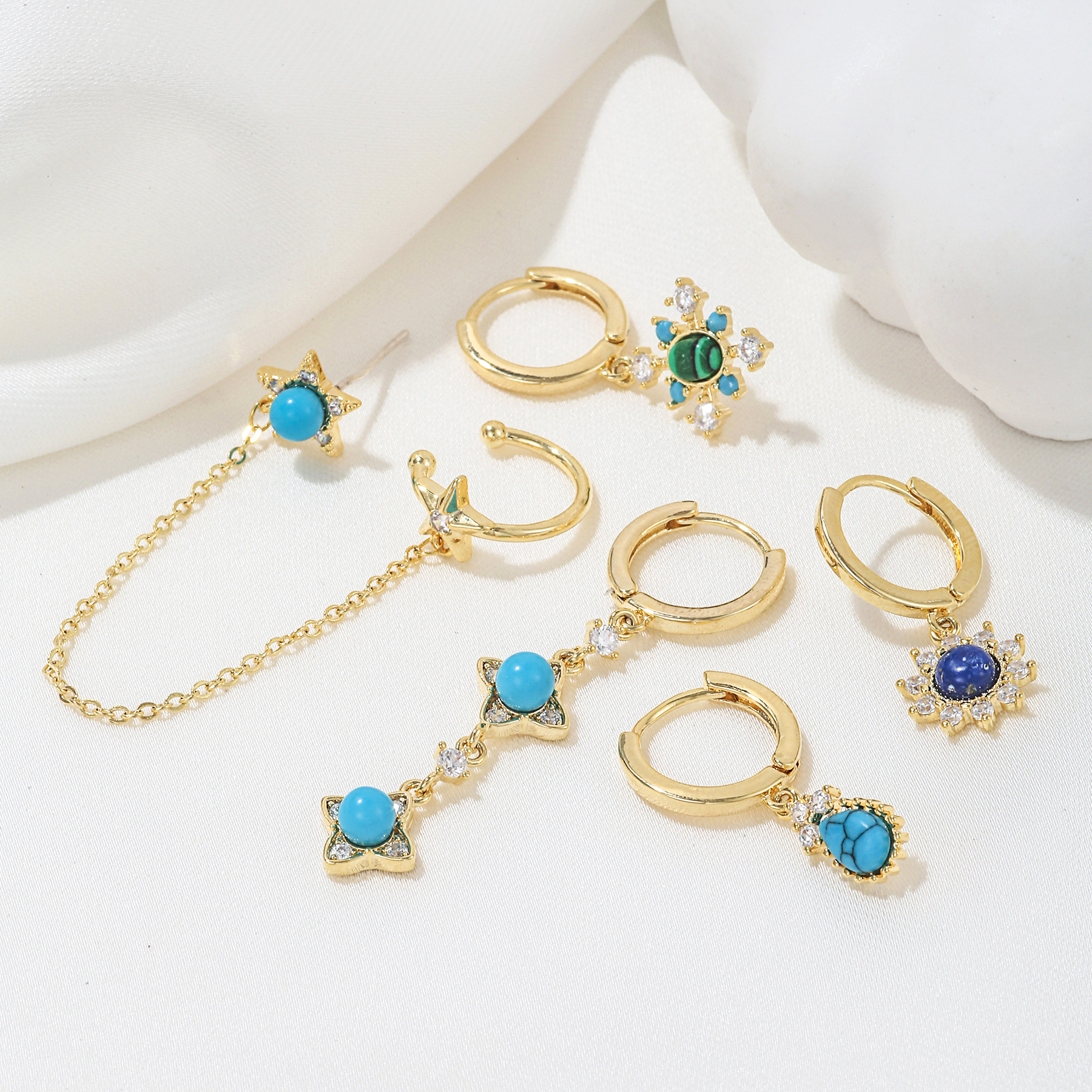 Casual Simple Style Pentagram Tassel Brass 18k Gold Plated Turquoise Zircon Earrings In Bulk display picture 4