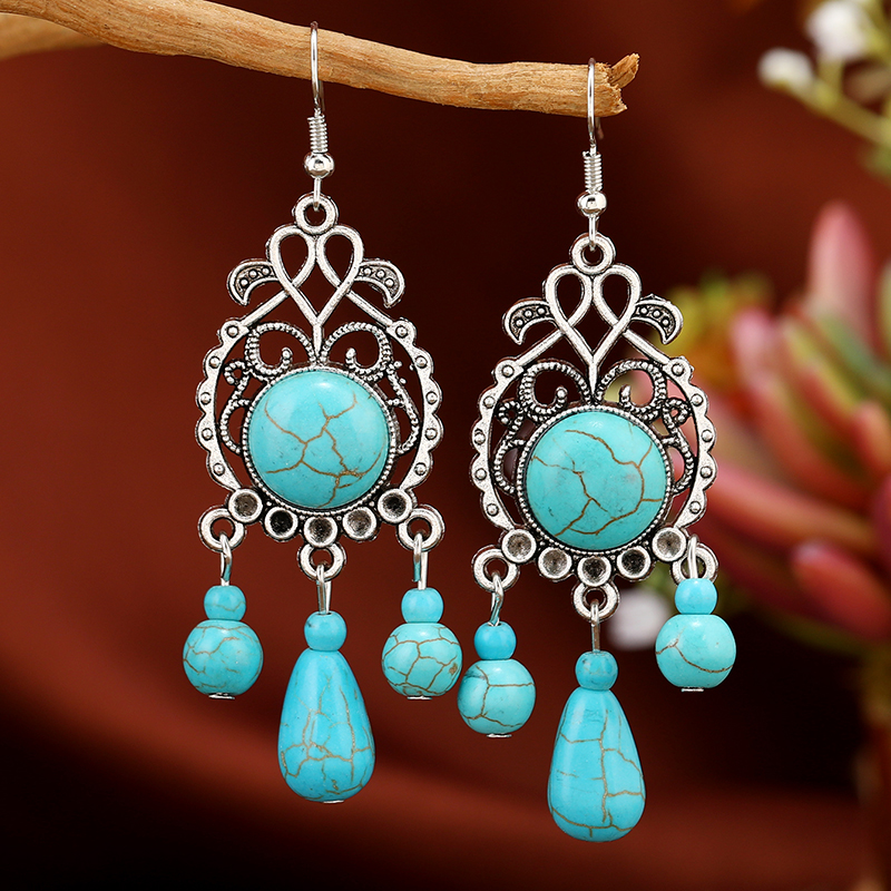 1 Pair Ethnic Style Bohemian Geometric Water Droplets Inlay Zinc Alloy Turquoise Drop Earrings display picture 2