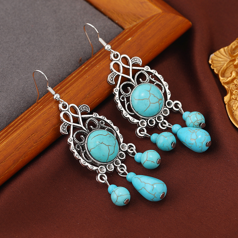 1 Pair Ethnic Style Bohemian Geometric Water Droplets Inlay Zinc Alloy Turquoise Drop Earrings display picture 3