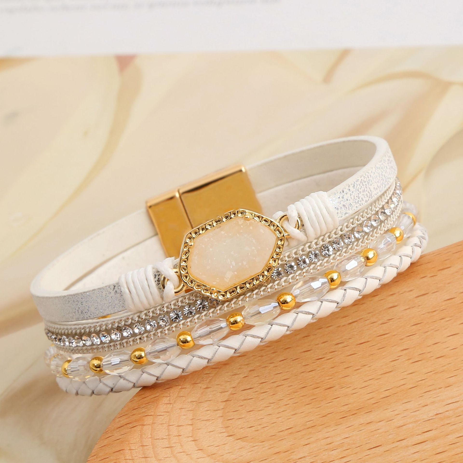 Wholesale Jewelry Simple Style Commute Hexagon Pu Leather Alloy Zircon Plating Braid Inlay Bangle display picture 2