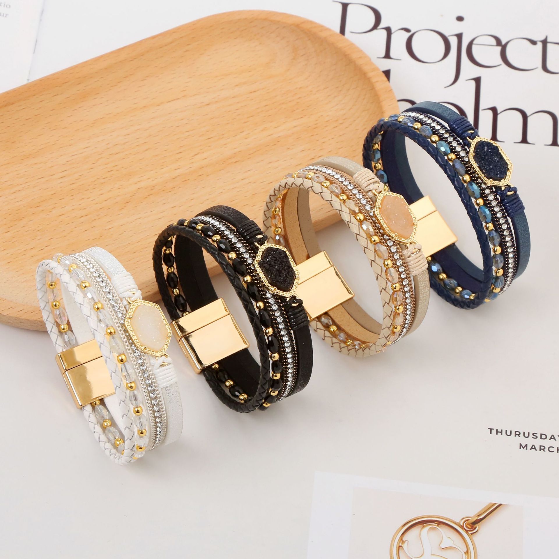 Wholesale Jewelry Simple Style Commute Hexagon Pu Leather Alloy Zircon Plating Braid Inlay Bangle display picture 1