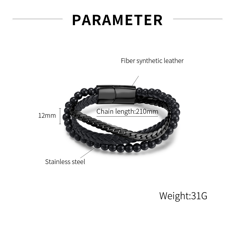 Vintage Style Cool Style Solid Color 304 Stainless Steel Pu Leather Beaded Layered Braid Artificial Leather Men'S Bangle display picture 12