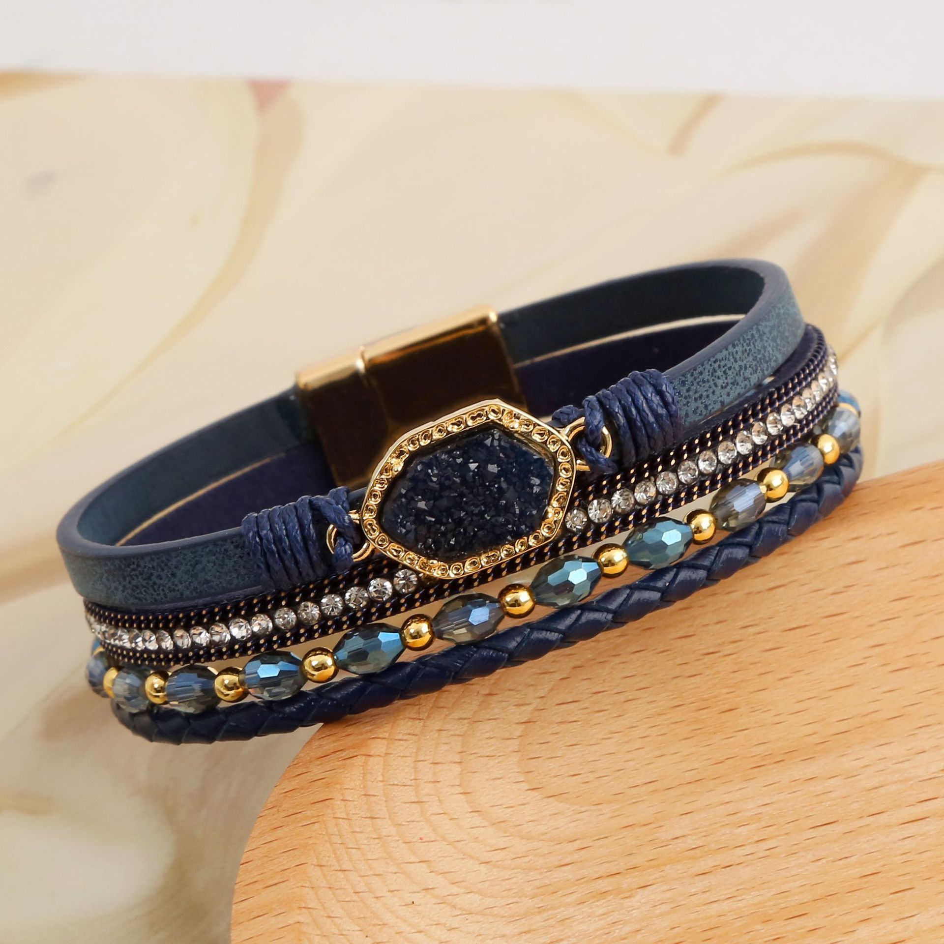 Wholesale Jewelry Simple Style Commute Hexagon Pu Leather Alloy Zircon Plating Braid Inlay Bangle display picture 3