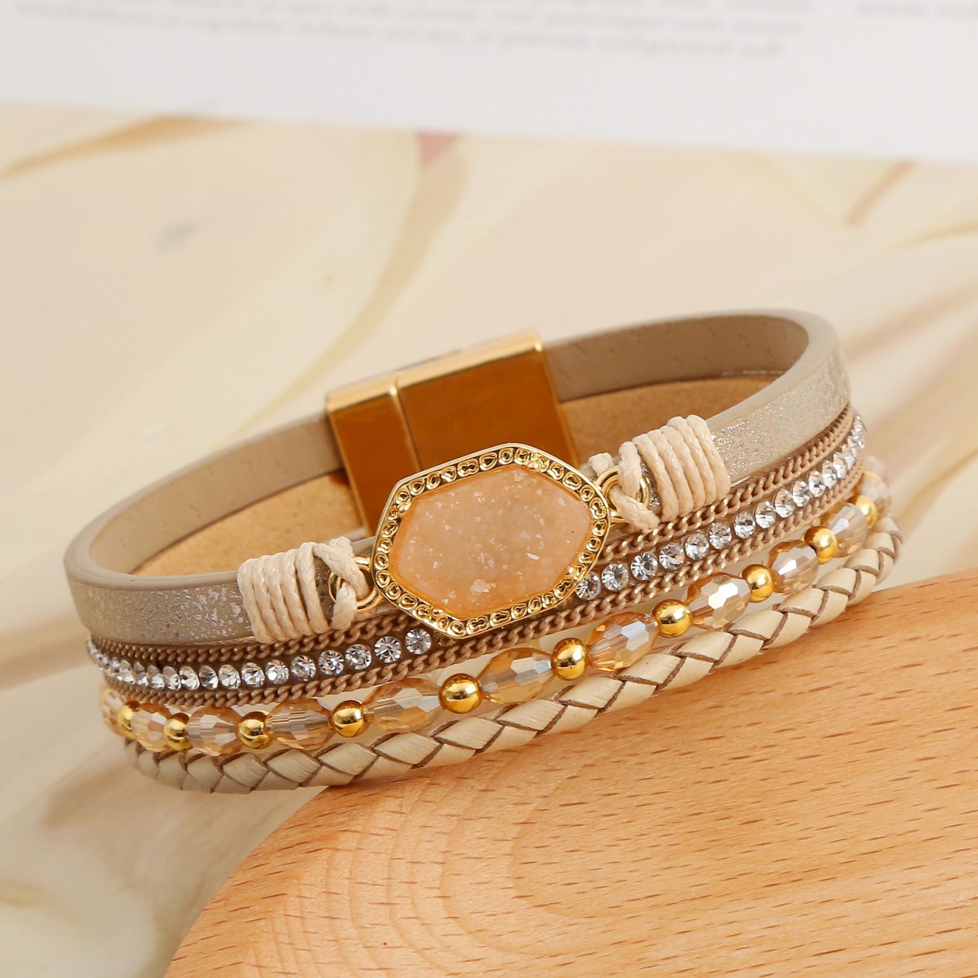 Wholesale Jewelry Simple Style Commute Hexagon Pu Leather Alloy Zircon Plating Braid Inlay Bangle display picture 4