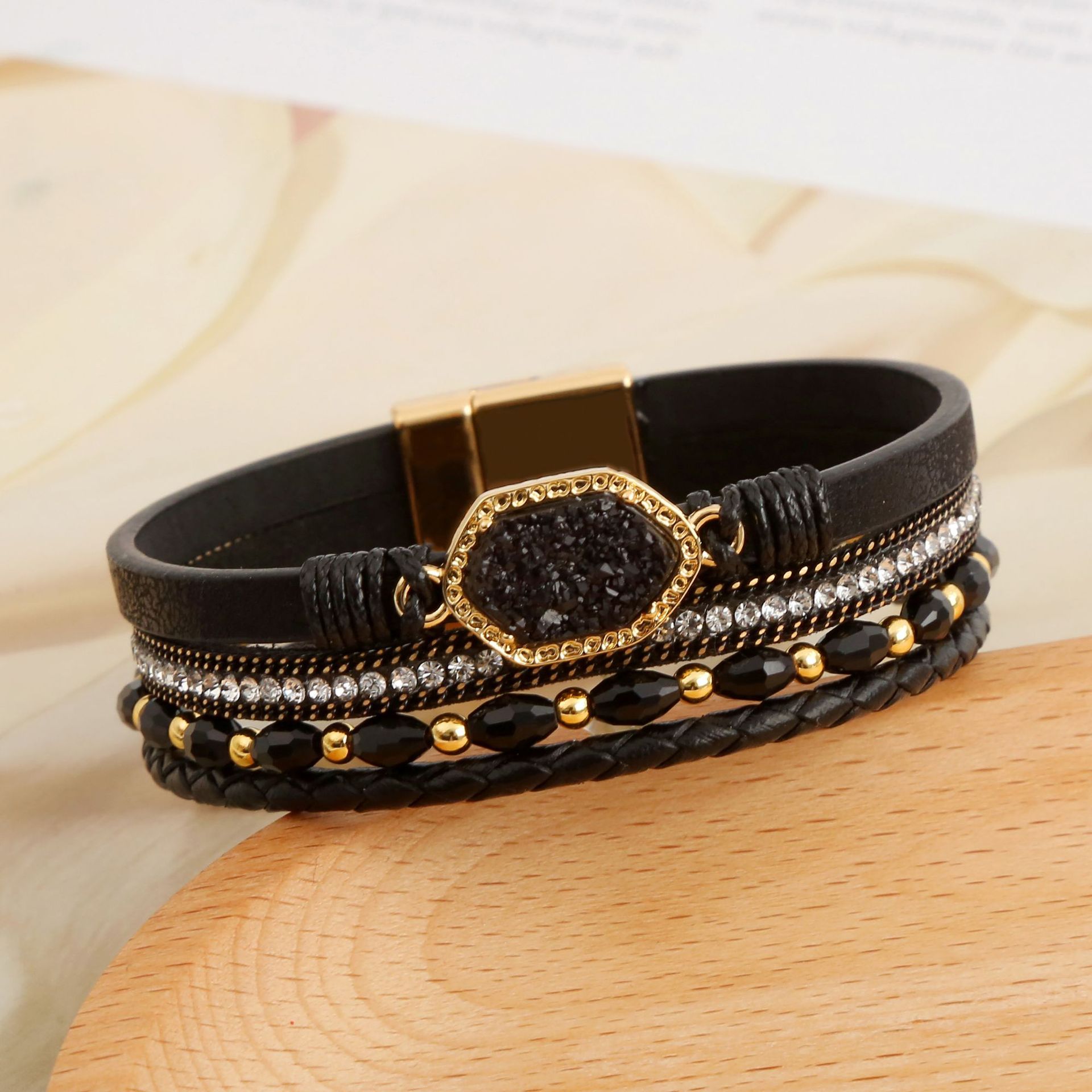 Wholesale Jewelry Simple Style Commute Hexagon Pu Leather Alloy Zircon Plating Braid Inlay Bangle display picture 5