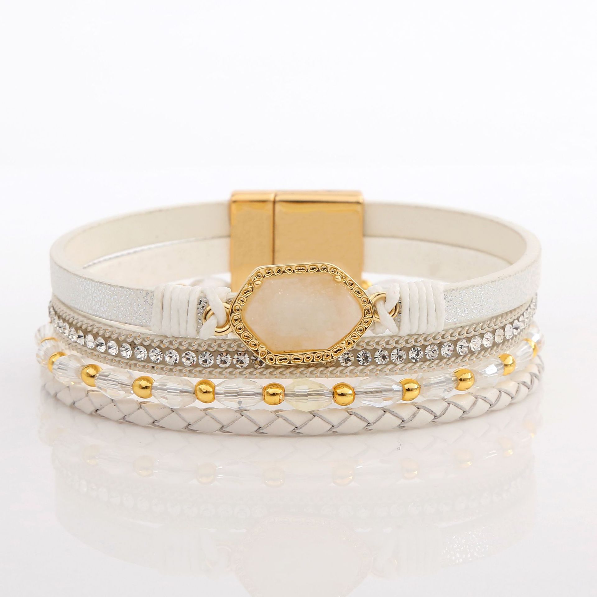 Wholesale Jewelry Simple Style Commute Hexagon Pu Leather Alloy Zircon Plating Braid Inlay Bangle display picture 10