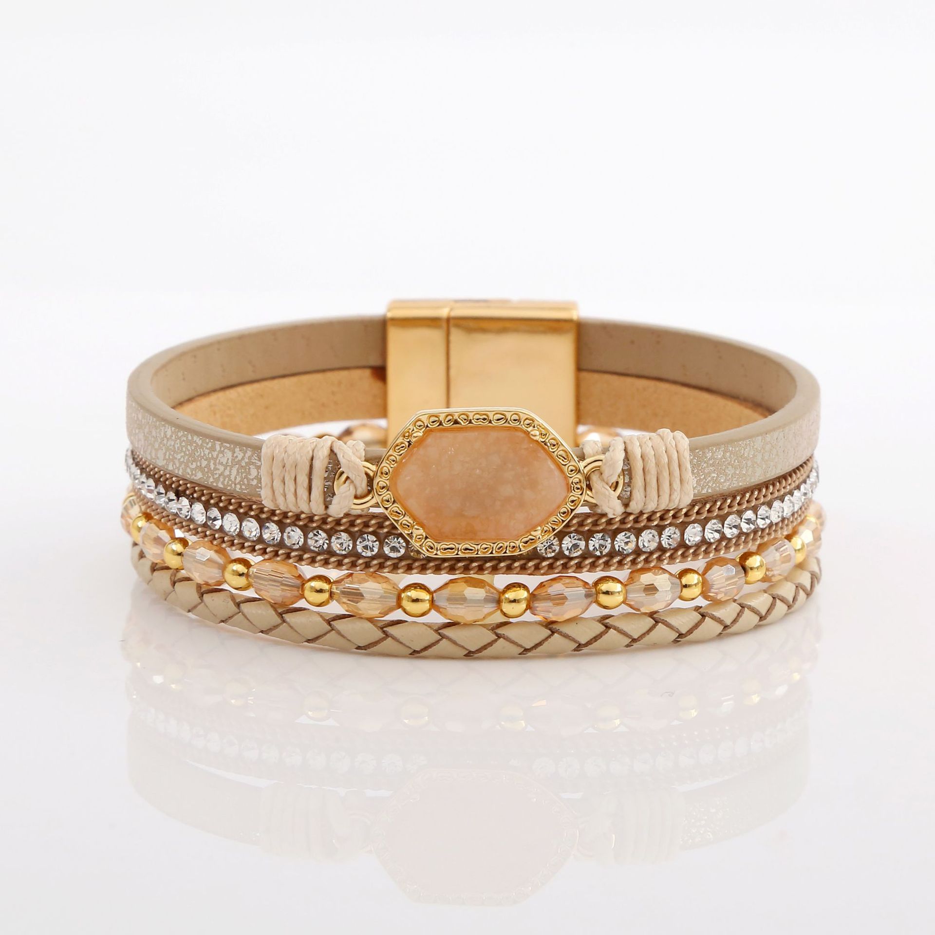 Wholesale Jewelry Simple Style Commute Hexagon Pu Leather Alloy Zircon Plating Braid Inlay Bangle display picture 11