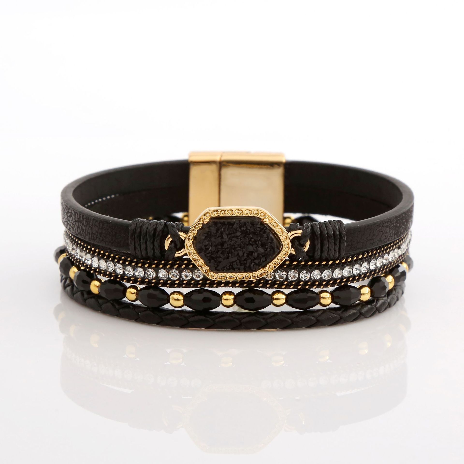 Wholesale Jewelry Simple Style Commute Hexagon Pu Leather Alloy Zircon Plating Braid Inlay Bangle display picture 12