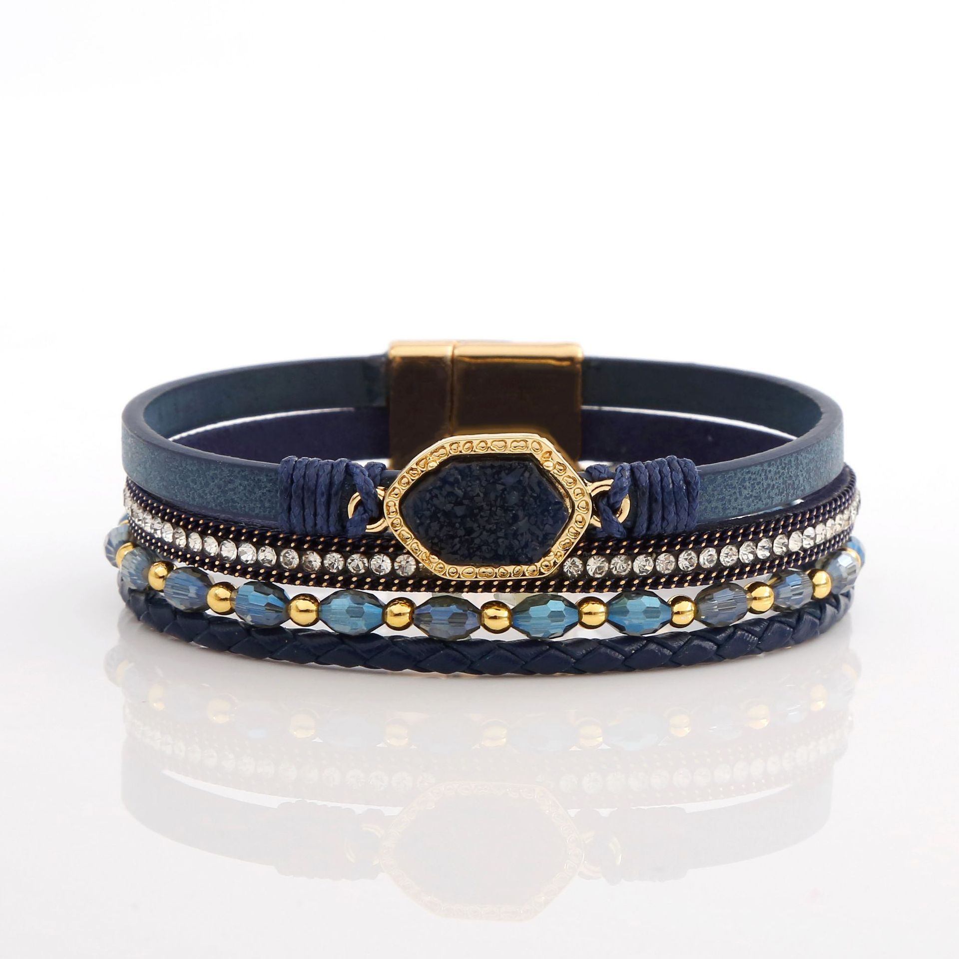 Wholesale Jewelry Simple Style Commute Hexagon Pu Leather Alloy Zircon Plating Braid Inlay Bangle display picture 13