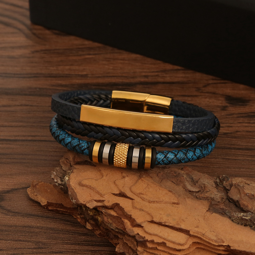 Stainless Steel Pu Leather Casual Hip-Hop Plating Magnetic Braid Stripe Plaid Twist Bracelets Bangle display picture 4
