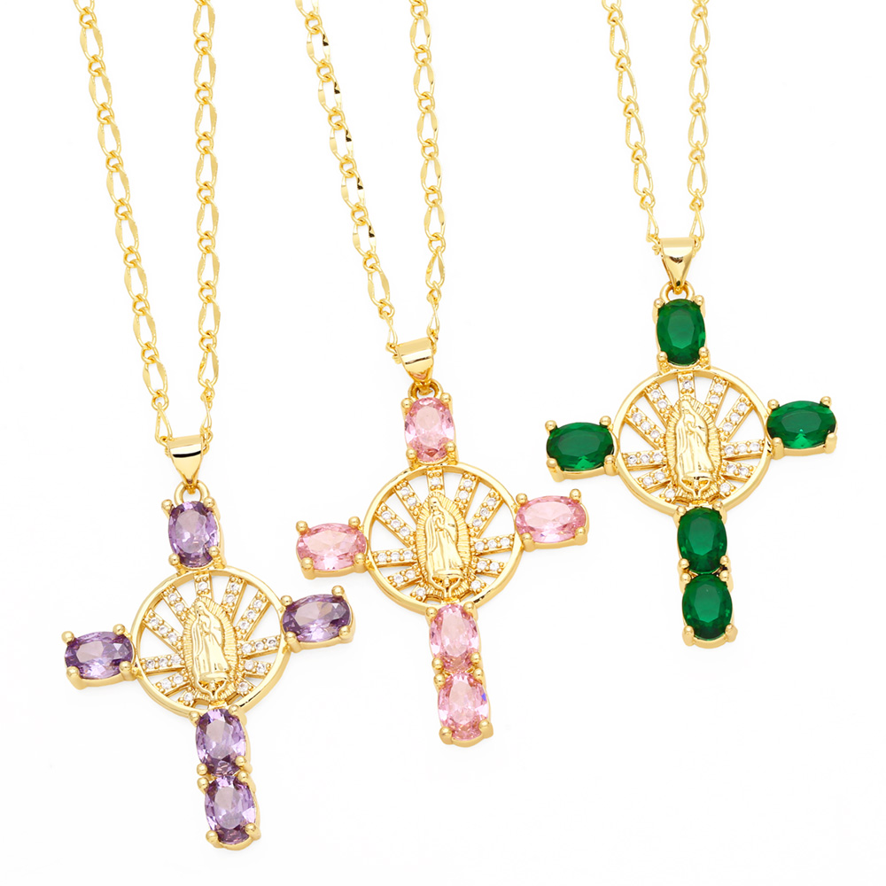 Retro Novelty Cross Virgin Mary Copper Plating Inlay Zircon 18k Gold Plated Pendant Necklace display picture 2