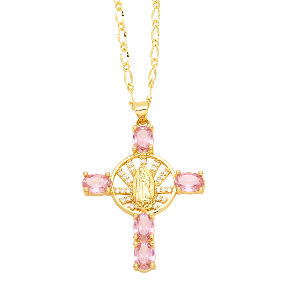 Retro Novelty Cross Virgin Mary Copper Plating Inlay Zircon 18k Gold Plated Pendant Necklace display picture 4