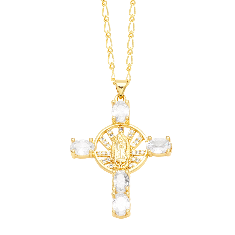 Retro Novelty Cross Virgin Mary Copper Plating Inlay Zircon 18k Gold Plated Pendant Necklace display picture 5