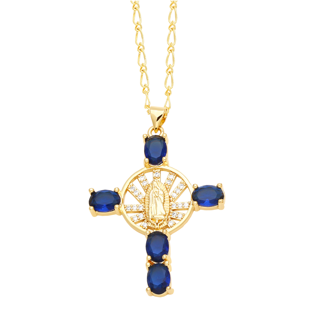 Retro Novelty Cross Virgin Mary Copper Plating Inlay Zircon 18k Gold Plated Pendant Necklace display picture 8