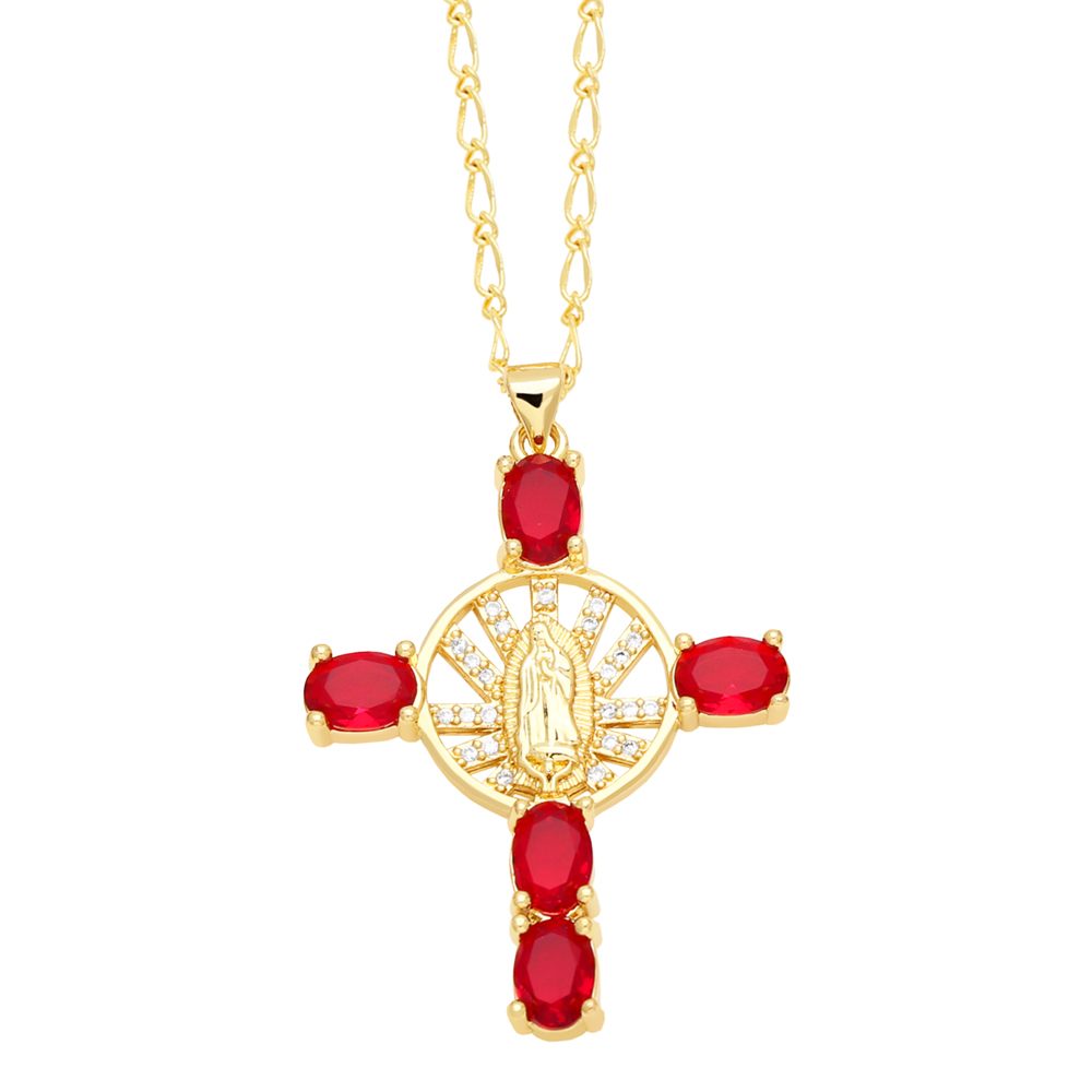 Retro Novelty Cross Virgin Mary Copper Plating Inlay Zircon 18k Gold Plated Pendant Necklace display picture 7