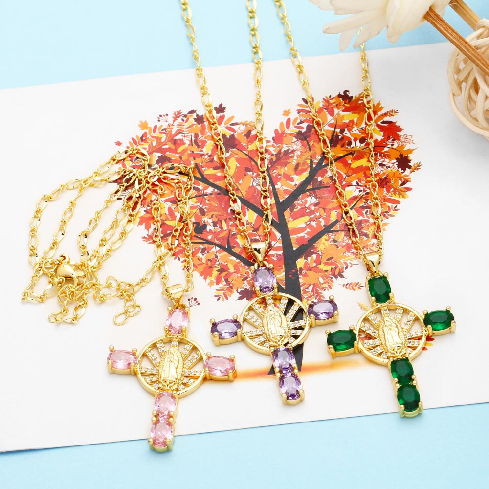 Retro Novelty Cross Virgin Mary Copper Plating Inlay Zircon 18k Gold Plated Pendant Necklace display picture 10