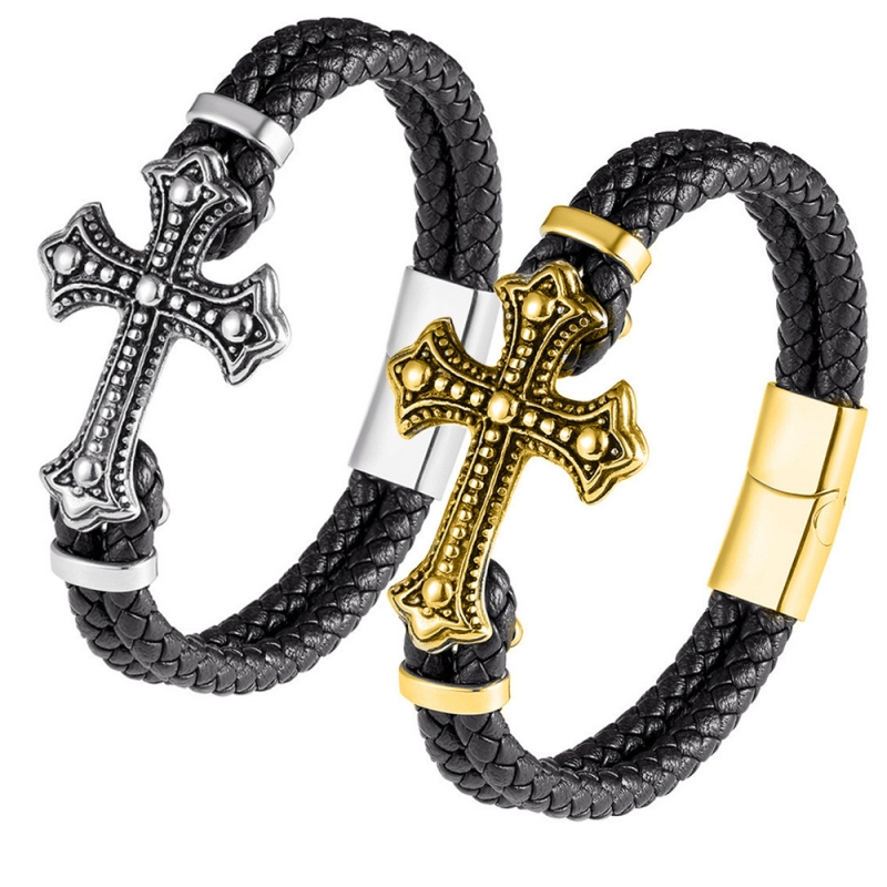 Casual Cool Style Cross Pu Leather Alloy Plating Gold Plated Silver Plated Men's Bracelets display picture 4