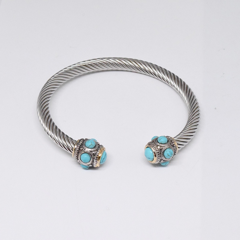 Retro C Shape Stainless Steel Inlay Natural Stone Pearl Twisted Cable Bracele display picture 2