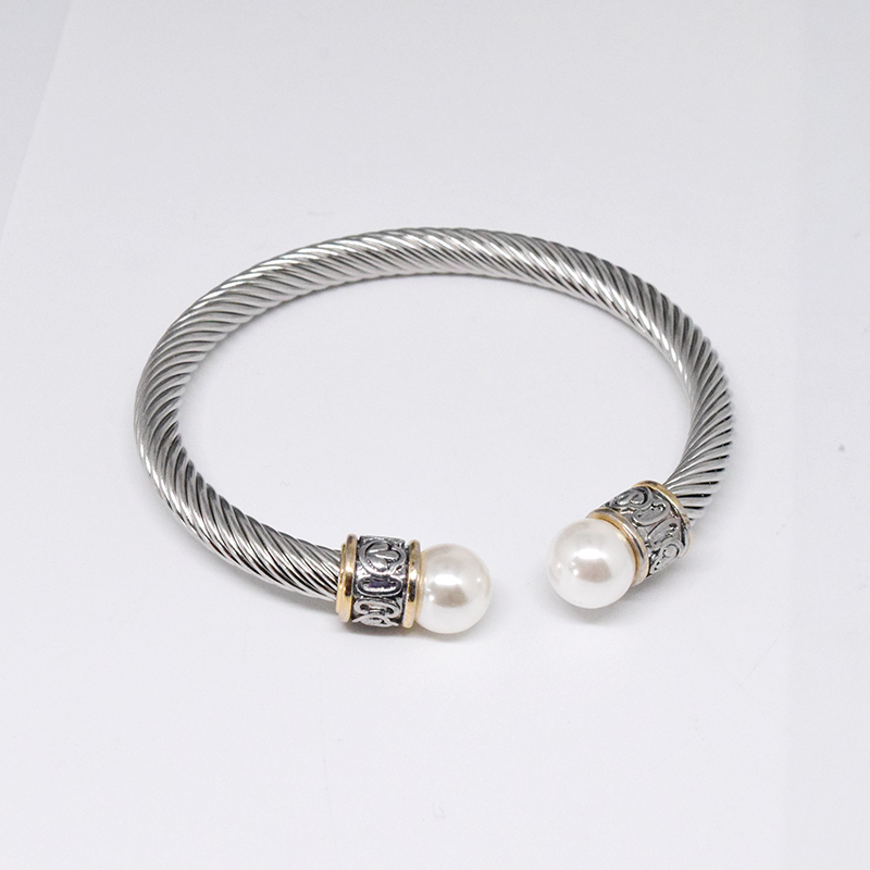 Retro C Shape Stainless Steel Inlay Natural Stone Pearl Twisted Cable Bracele display picture 4