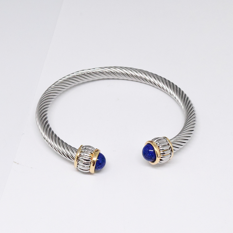 Retro C Shape Stainless Steel Inlay Natural Stone Pearl Twisted Cable Bracele display picture 5
