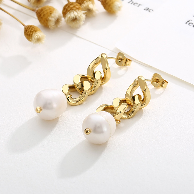 1 Pair Modern Style Simple Style Chain Pearl Plating Stainless Steel 18K Gold Plated Drop Earrings display picture 6