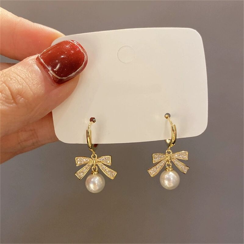 1 Pair Ig Style Sweet Lattice Heart Shape Bow Knot Enamel Plating Inlay Alloy Rhinestones Pearl 18k Gold Plated Drop Earrings display picture 7