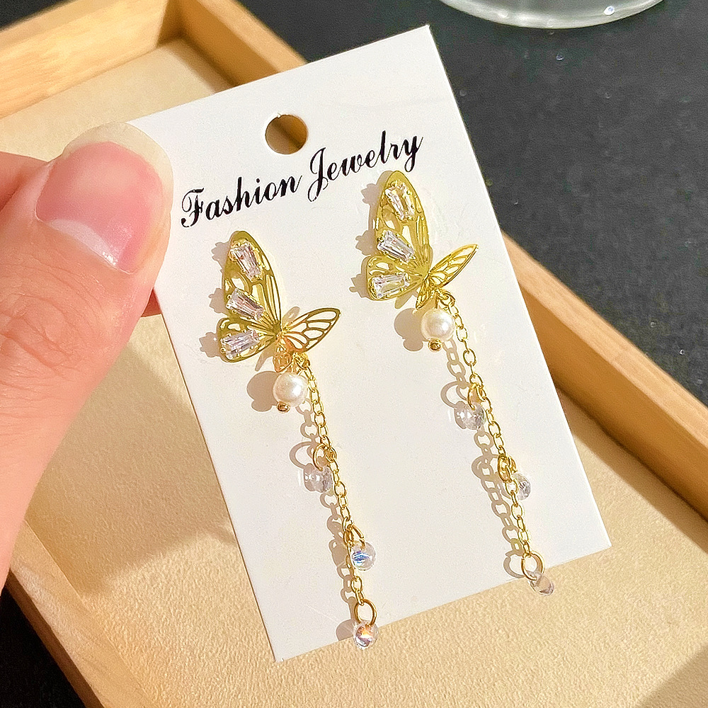 1 Pair Ig Style Japanese Style Tassel Butterfly Plating Inlay Imitation Pearl Alloy Rhinestones 14k Gold Plated Drop Earrings display picture 2