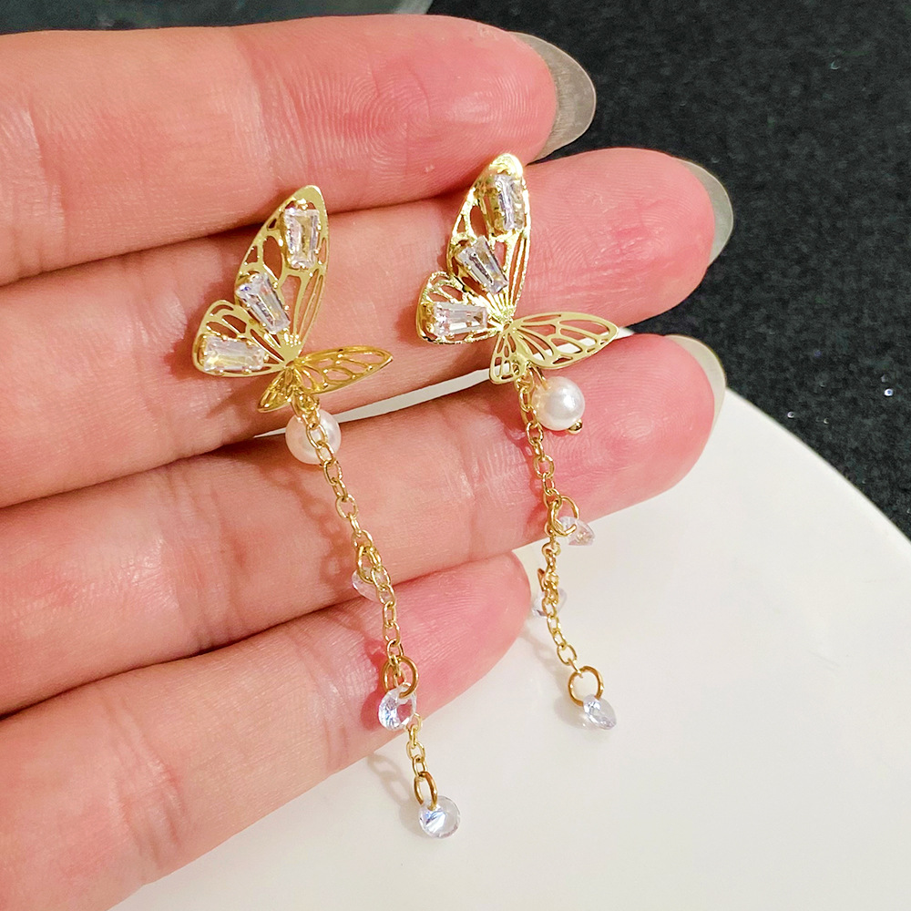 1 Pair Ig Style Japanese Style Tassel Butterfly Plating Inlay Imitation Pearl Alloy Rhinestones 14k Gold Plated Drop Earrings display picture 4