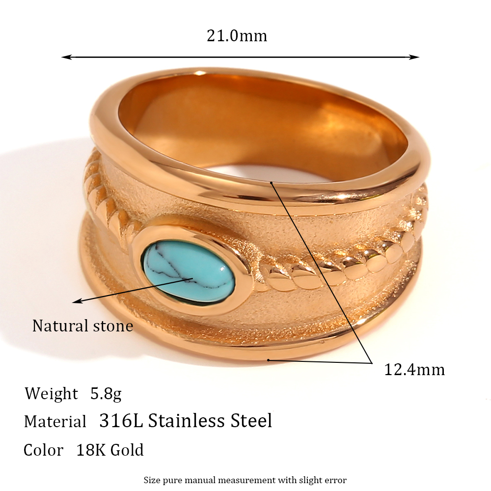 Vintage Style Classic Style Oval Stainless Steel Plating Inlay Natural Stone 18k Gold Plated Wide Band Rings display picture 2