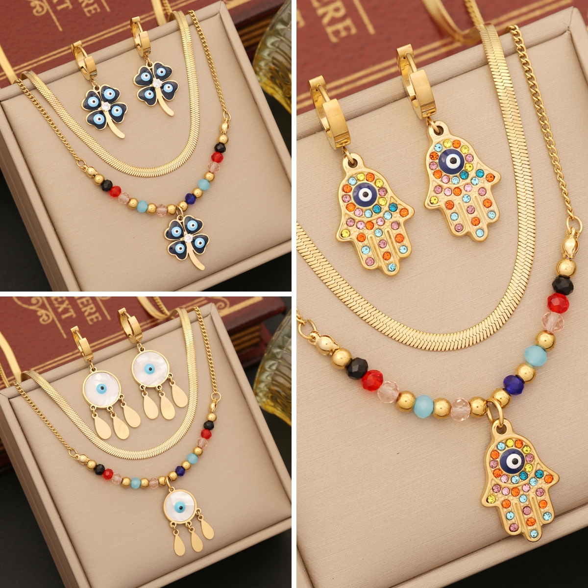 Stainless Steel 18K Gold Plated Casual Bohemian Enamel Plating Inlay Palm Eye Artificial Crystal Earrings Necklace display picture 1