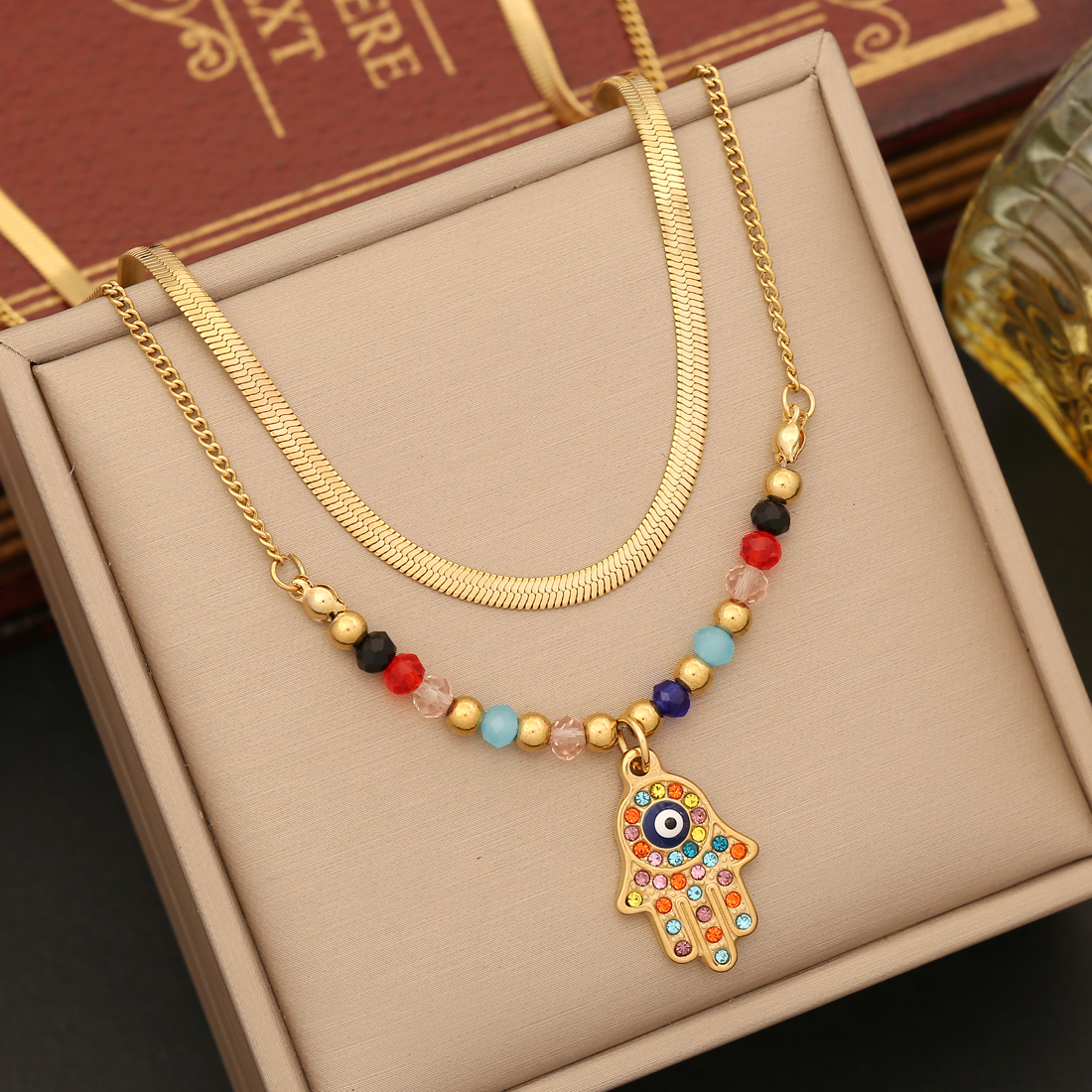 Stainless Steel 18K Gold Plated Casual Bohemian Enamel Plating Inlay Palm Eye Artificial Crystal Earrings Necklace display picture 5